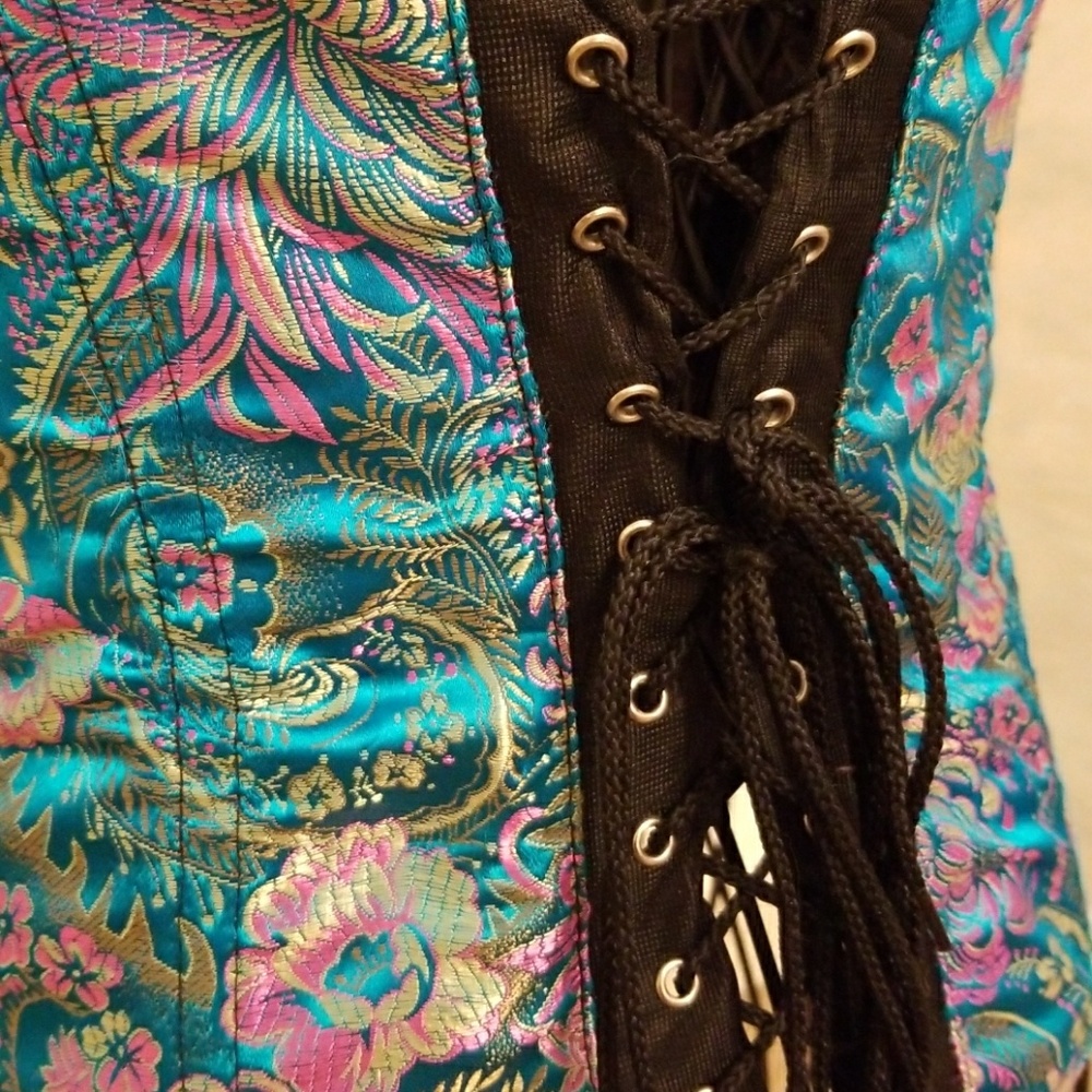 Stunning vintage teal & pink satin jacquard corset from Tesa - Picture 5 of 5